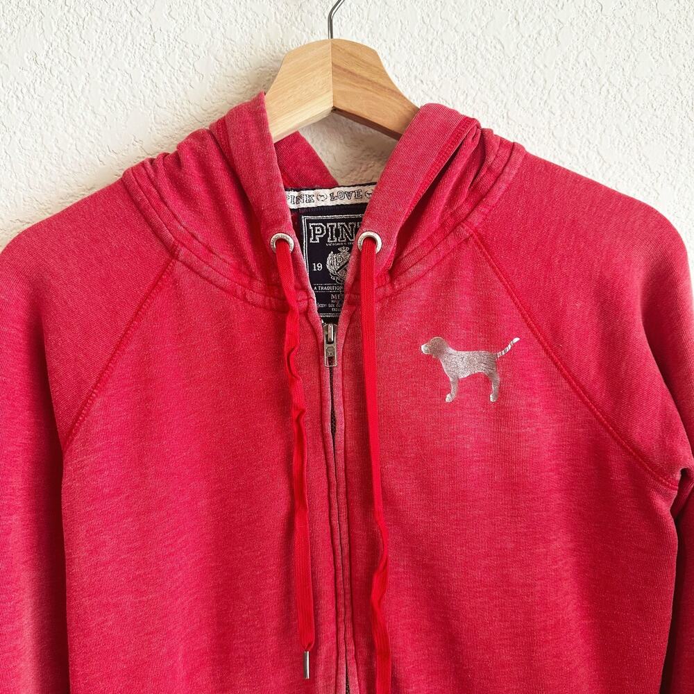 VTG Pink Victoria's Secret Zip Up Hoodie Medium Logo Y2K Bling Rhinestone - Picture 3 of 9